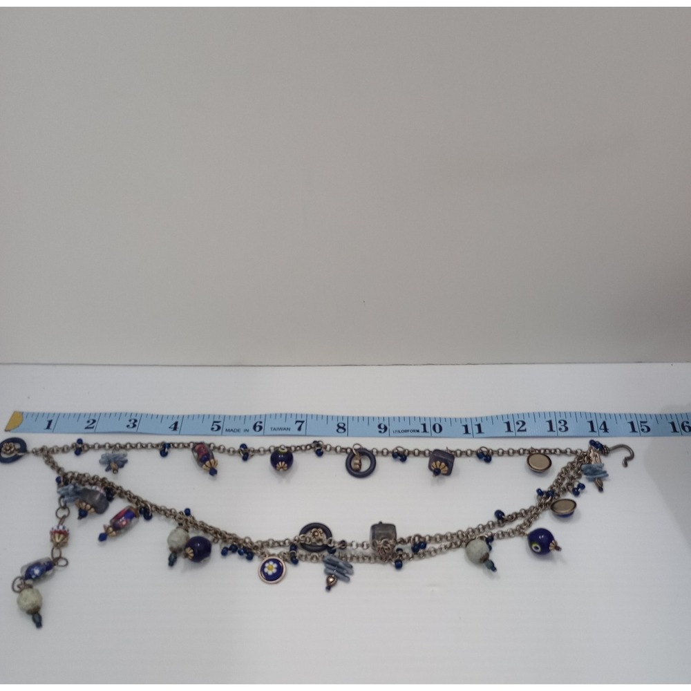Treska Multi Strand Blue Glass Charm Necklace Silver Tone Signed - Picture 6 of 9